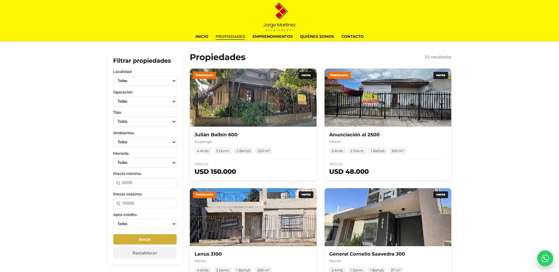 Listado público de propiedades con filtros de búsqueda